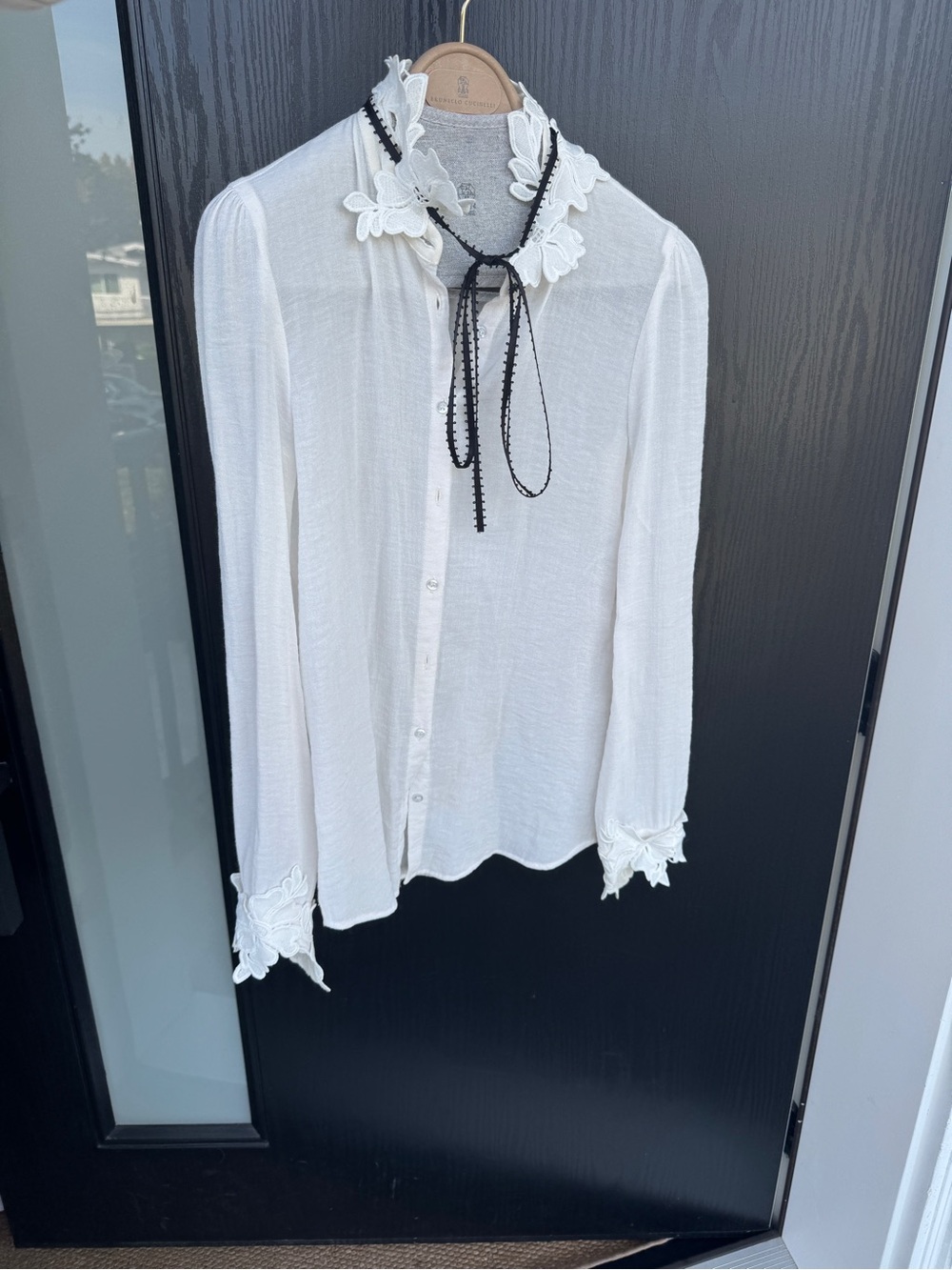 Maje White Lace-Collar Button Down Blouse with Black Tie